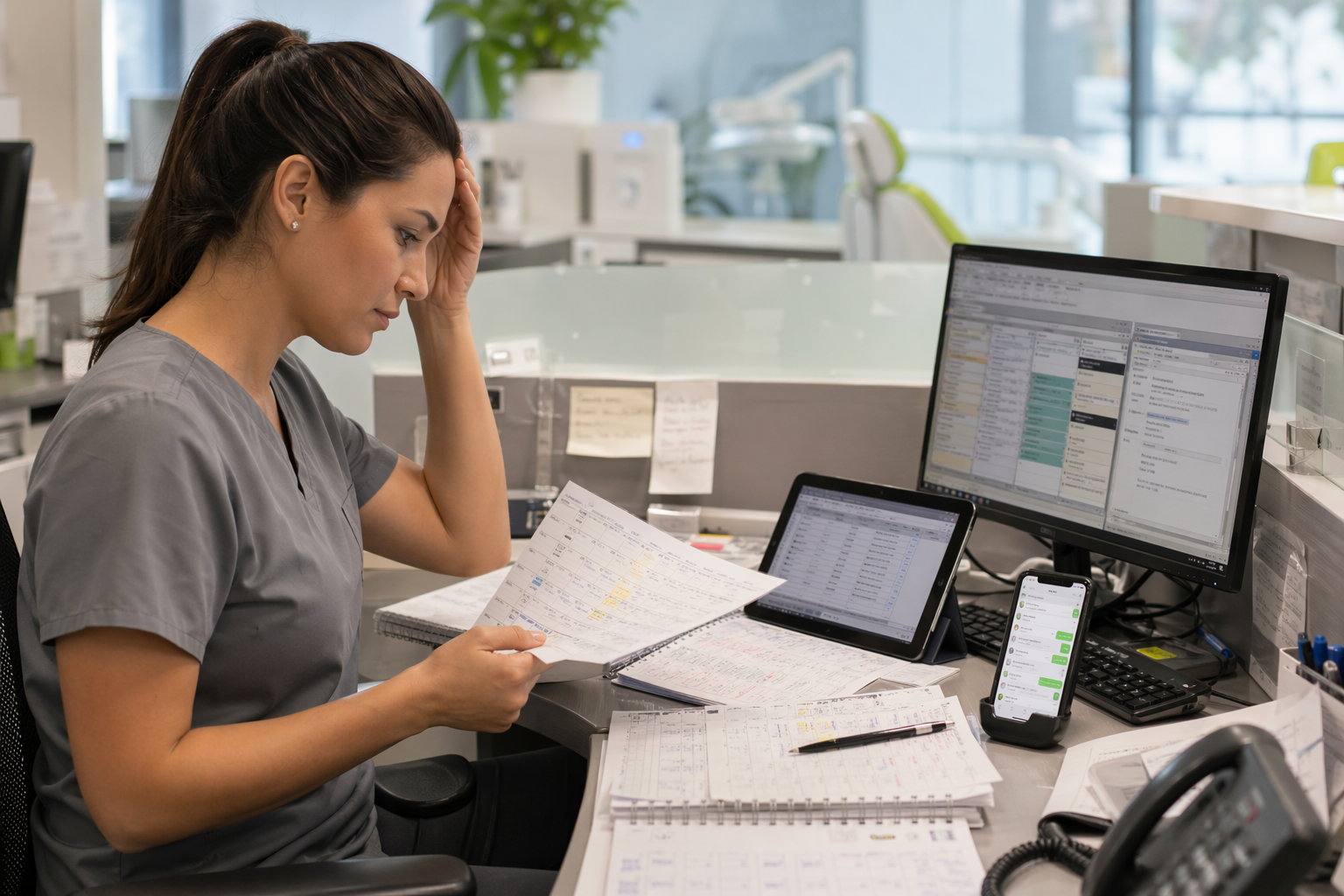 Profissional de clínica odontológica lidando com papéis e informações espalhadas