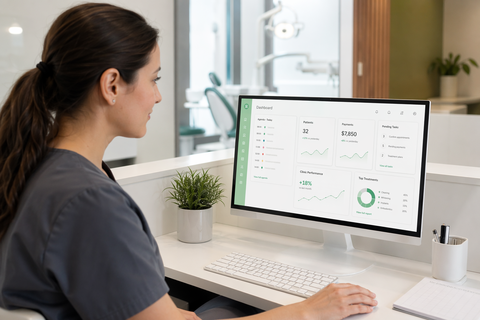 Profissional usando dashboard organizado da Voithos em uma clínica odontológica moderna